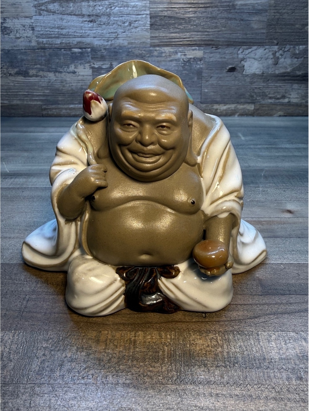 Vintage Signed Ceramic Laughing Buddha RARE Figurine Asian Decor (b13/0102)